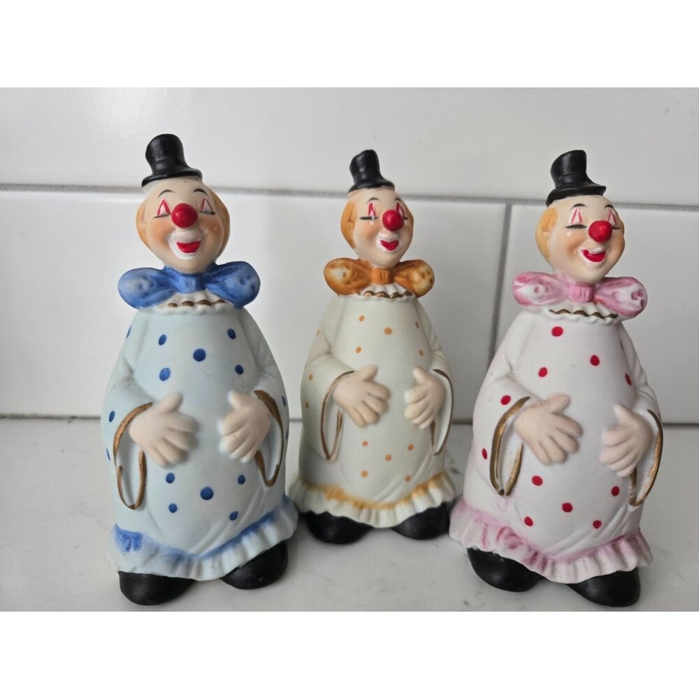 Set of Vintage A.A. Importing Co Porcelain Happy Circus Clown Bell Top Hat Lipco